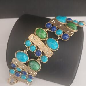 Wide Faux Stone Bracelet Hammered Gold Tone Metal‎ Crystal Accents Resort Cruise